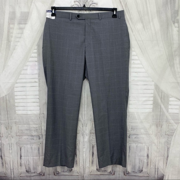 Ralph Lauren Pants Mens Size 38X29 Light Gray Flat Front Plaid Dress Polyester